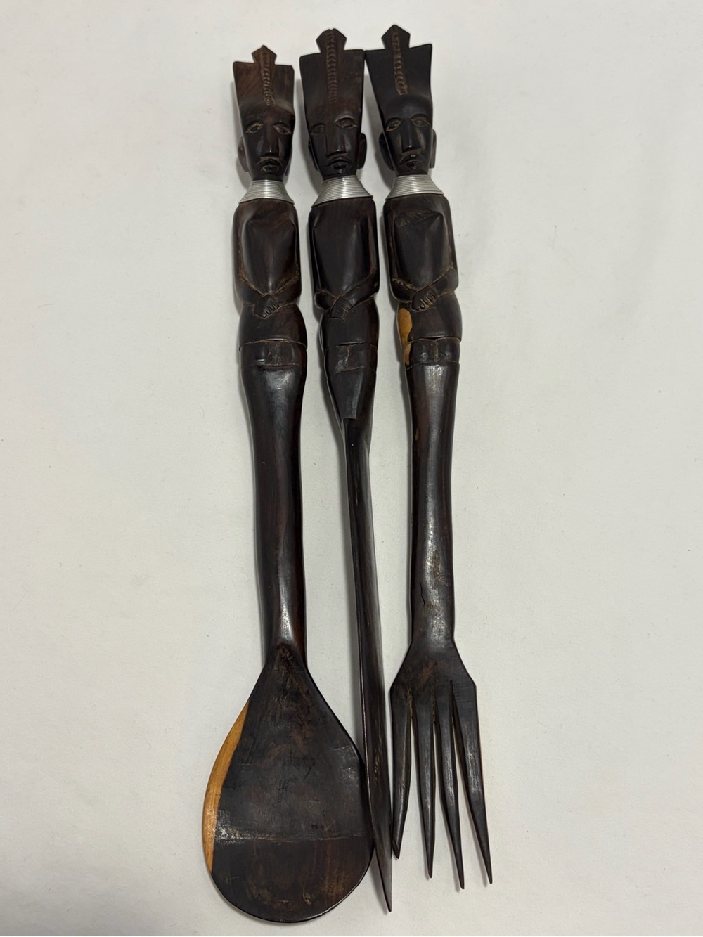 Hand-Carved Brown Wooden Serving Utensil Set with Carved Figure Handles